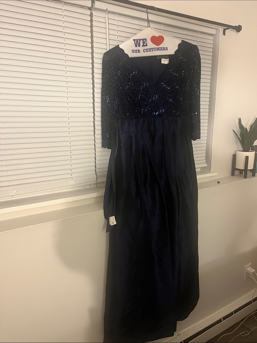 Jessica Howard Navy Sequin Bodice Long Sleeve Gown